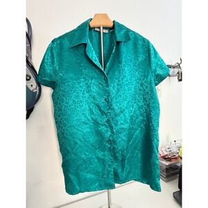 Erika Taylor Intimates Teal Green Leopard Satin Button Down Top Short Sleeve S